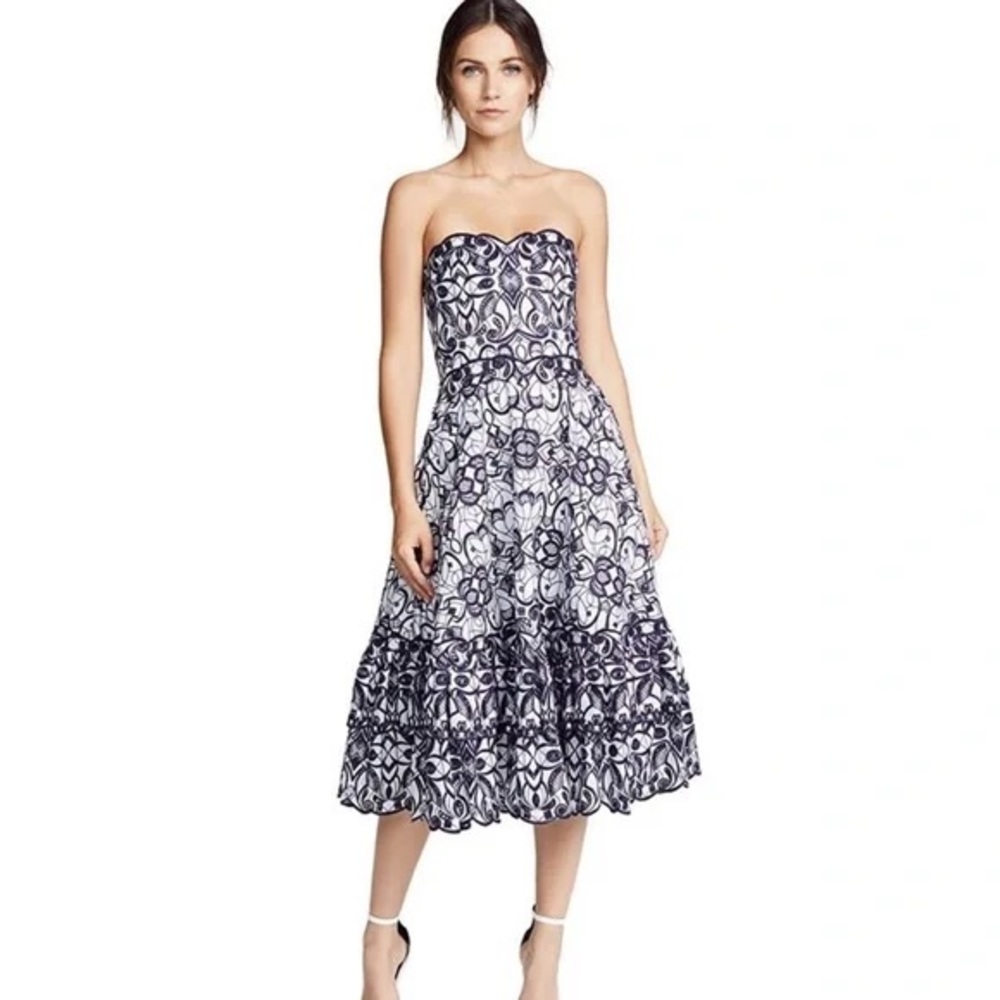 Jonathan Simkhai Strapless Bustier Embroidered Eyelet Midi  Dress Navy 2…